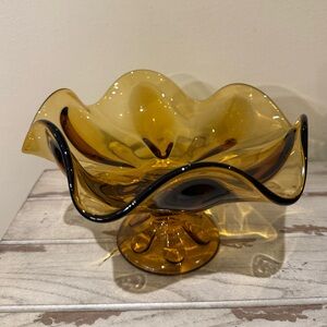 Viking Glass Epic Line Amber 6 Petal Pedestal Bowl Center Piece Compote